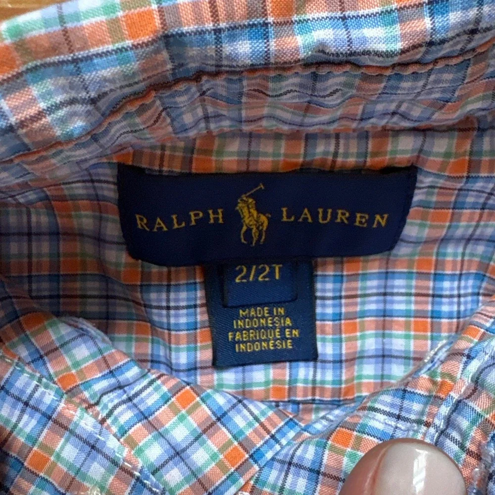 Ralph Lauren Button‎ Down Shirt Kids Blue Orange Plaid Excellent SIZE 2/2T